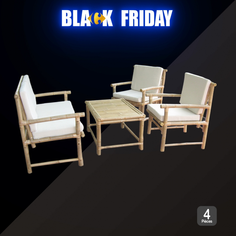 Ensemble Table + 2 chaises + 1 banc en Bambou avec coussins
