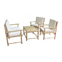 Ensemble Table + 2 chaises + 1 banc en Bambou avec coussins