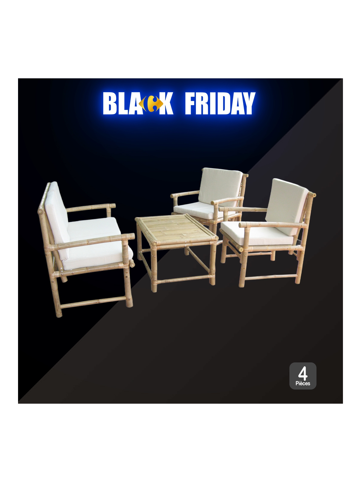 Ensemble Table + 2 chaises + 1 banc en Bambou avec coussins